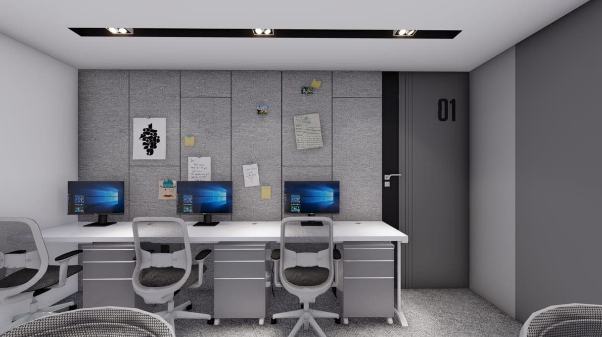 Medico Legal Request workstation with acoustic pinboard wall